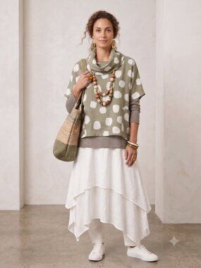 ETERNELLE 100% linen made in Italy Lagenlook khaki and white polkadot cowl neck